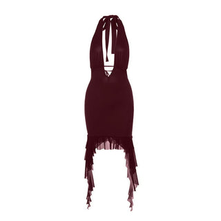 Halter v neck ruffle backless mini dress