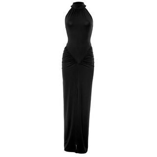 Crewneck ruched sleeveless solid maxi dress