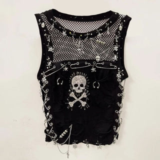 Crewneck hollow out skull beaded metal chain cut out top