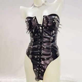 Lace up PU leather skull applique tube bodysuit