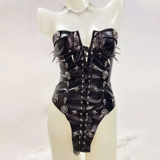 Lace up PU leather skull applique tube bodysuit