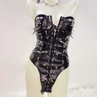 Lace up PU leather skull applique tube bodysuit