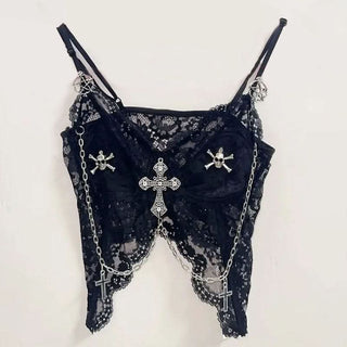 Metal chain lace hem v neck backless cami top