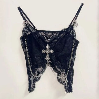 Metal chain lace hem v neck backless cami top