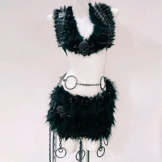 Fluffy o ring halter skull applique mini skirt set