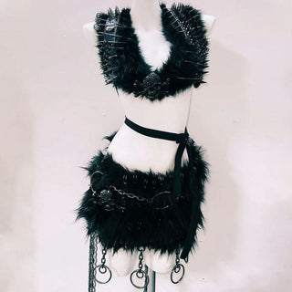 Fluffy o ring halter skull applique mini skirt set