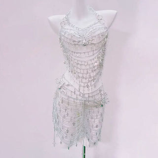 Metal chain hollow out spider applique mini skirt set