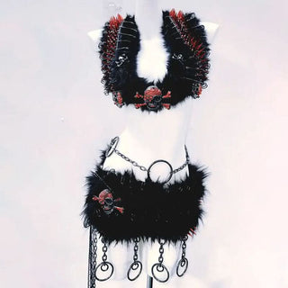 Halter self tie o ring fluffy skull applique mini skirt set