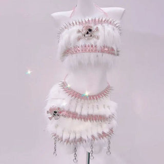 Fluffy skull applique metal chain o ring mini skirt set