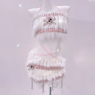 Fluffy skull applique metal chain o ring mini skirt set
