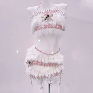 Fluffy skull applique metal chain o ring mini skirt set