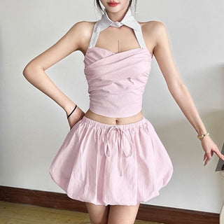 Striped drawstring ruched mini skirt