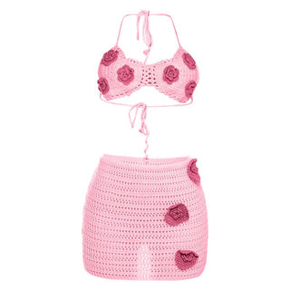 Halter self tie flower applique mini skirt set