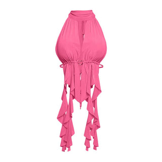 Hollow out ruched self tie halter cut out top