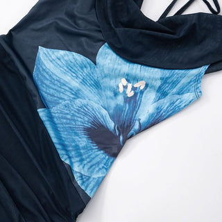 Self tie cowl neck flower print ruched mini dress