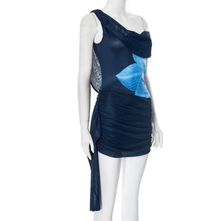 Self tie cowl neck flower print ruched mini dress