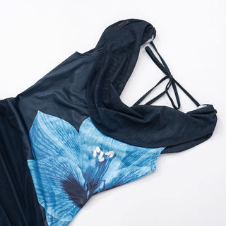 Self tie cowl neck flower print ruched mini dress