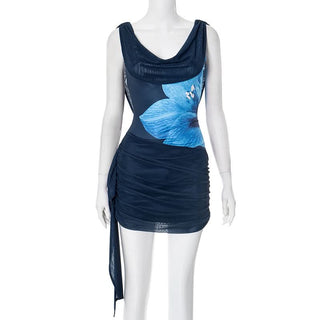 Self tie cowl neck flower print ruched mini dress