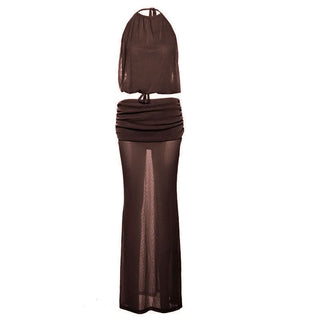 Ruched self tie halter backless maxi skirt set