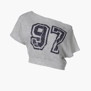 One shoulder "97" print top