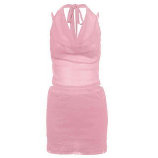 Cowl neck halter self tie 3 piece mini skirt set