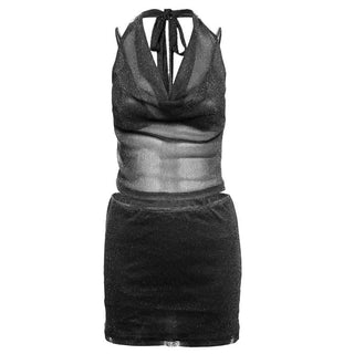 Cowl neck halter self tie 3 piece mini skirt set