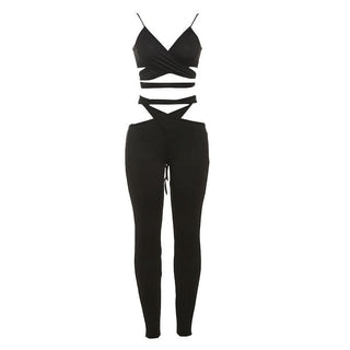 Hollow out v neck self tie spaghetti strap pant set