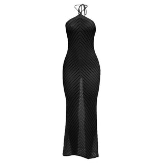 Self tie halter knitted hollow out cut out maxi dress