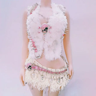 Fluffy rivet halter skull applique self tie mini skirt set