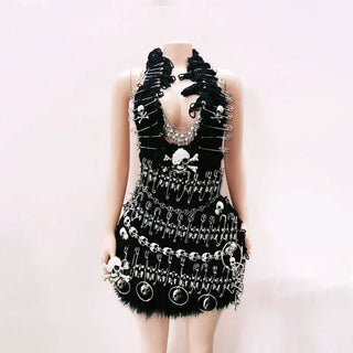 Halter fluffy skull applique backless mini dress