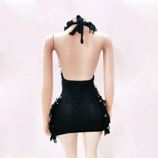 Halter fluffy skull applique backless mini dress