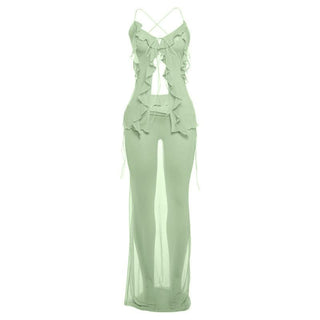 Ruffle cross back self tie sheer mesh maxi skirt set