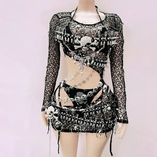 Long sleeve metal chain hollow out skull applique 3 piece dress