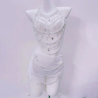 Halter beaded hollow out backless mini skirt set