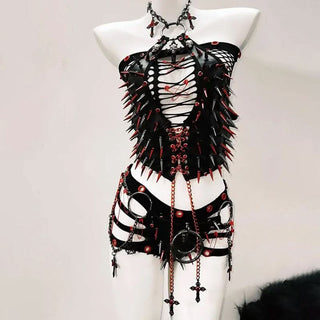 Rivet PU leather halter o ring metal chain top