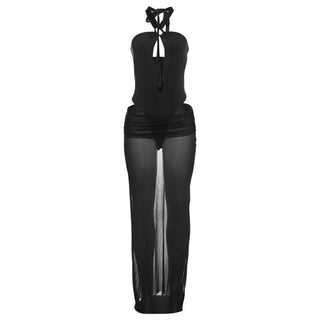 Hollow out button halter ruched maxi skirt set