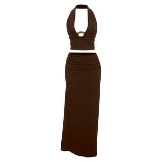 Halter v neck o ring ruched maxi skirt set
