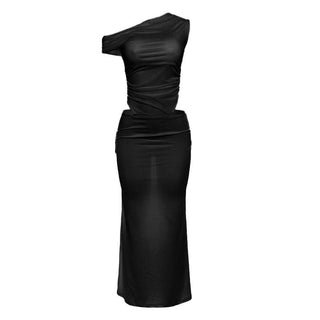 Mesh one shoulder irregular ruched maxi dress