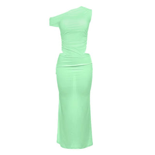 Mesh one shoulder irregular ruched maxi dress