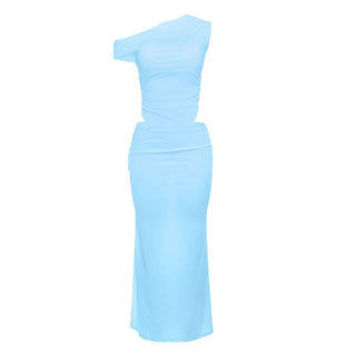 Mesh one shoulder irregular ruched maxi dress