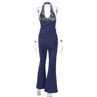 Button zip-up halter buckle denim jumpsuit