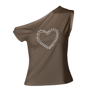 One shoulder irregular heart applique top