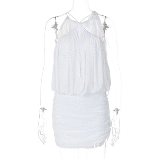 Ruched mesh beaded cross front mini dress