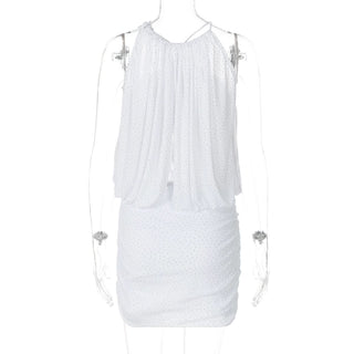 Ruched mesh beaded cross front mini dress