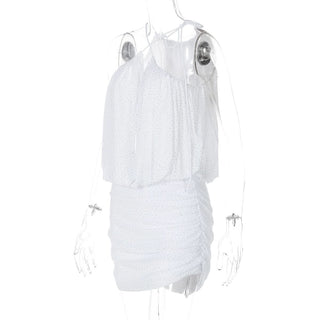 Ruched mesh beaded cross front mini dress