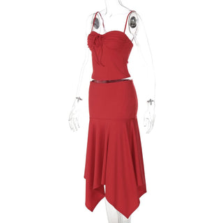 Ruched backless solid cami midi skirt set