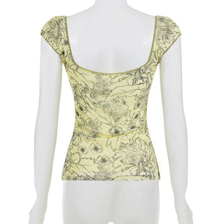 Cap sleeve v neck flower print bowknot top