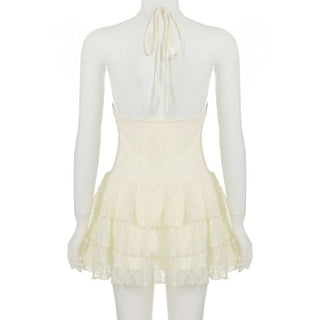 Hollow out v neck lace self tie halter cut out mini dress