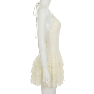 Hollow out v neck lace self tie halter cut out mini dress