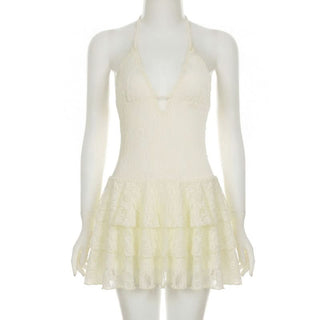 Hollow out v neck lace self tie halter cut out mini dress